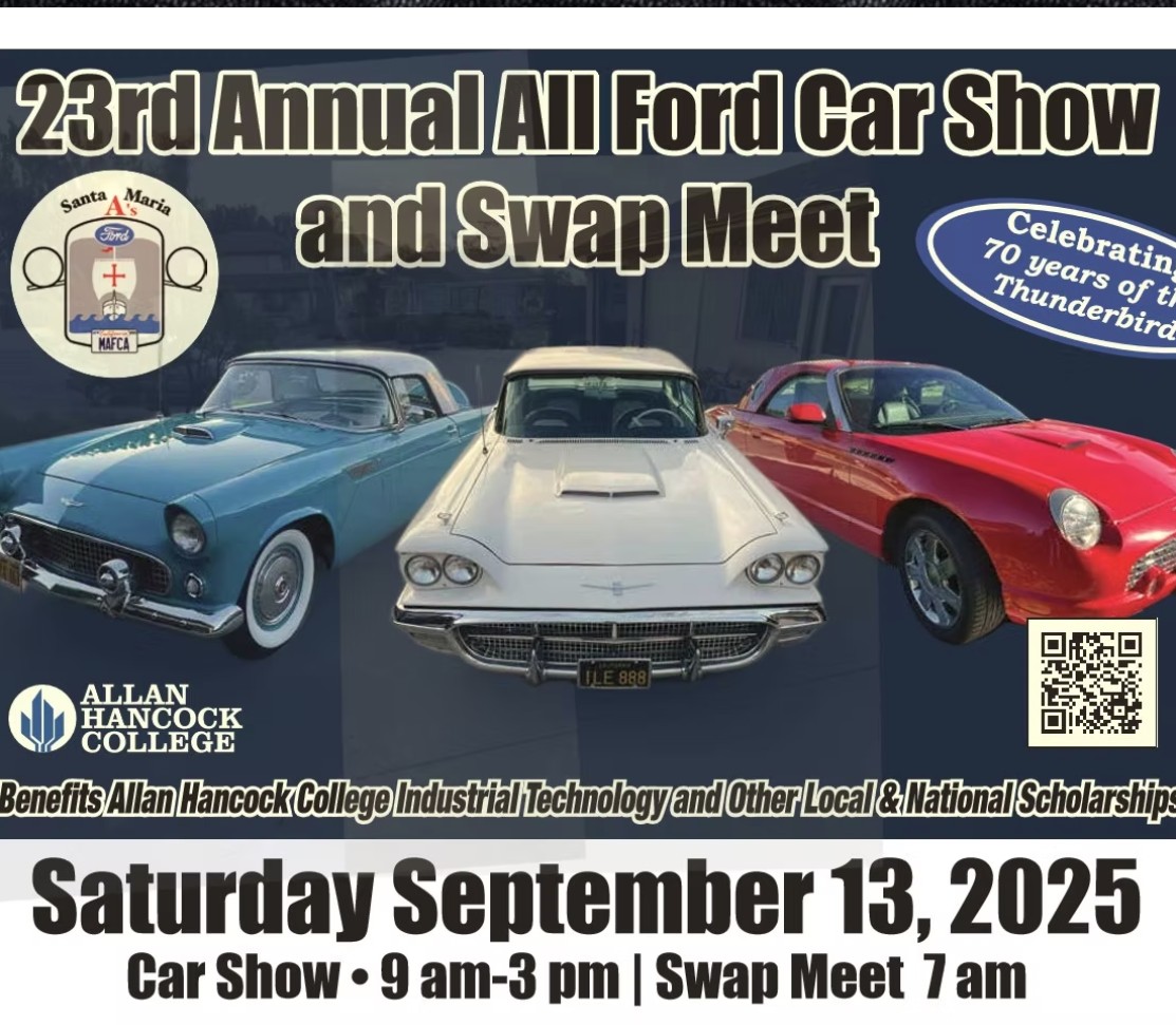 Promotional flyer for the 23rd Annual All Ford Car Show and Swap Meet, celebrating 70 years of the Thunderbird. The flyer features three classic Ford Thunderbirds: a light blue model, a white model, and a red model, shown side by side. The event is scheduled for Saturday, September 13, 2025, with the car show from 9 a.m. to 3 p.m. and the swap meet starting at 7 a.m. Proceeds benefit Allan Hancock College Industrial Technology and other local and national scholarships. Includes logos for Santa Maria Model A Ford Club and Allan Hancock College, along with a QR code.
